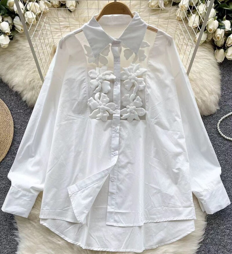 Virágok Stitch Túlméretes pamut középhosszú ingek Blúzok női 2024-es őszi gombokkal felfelé bő felső blusák