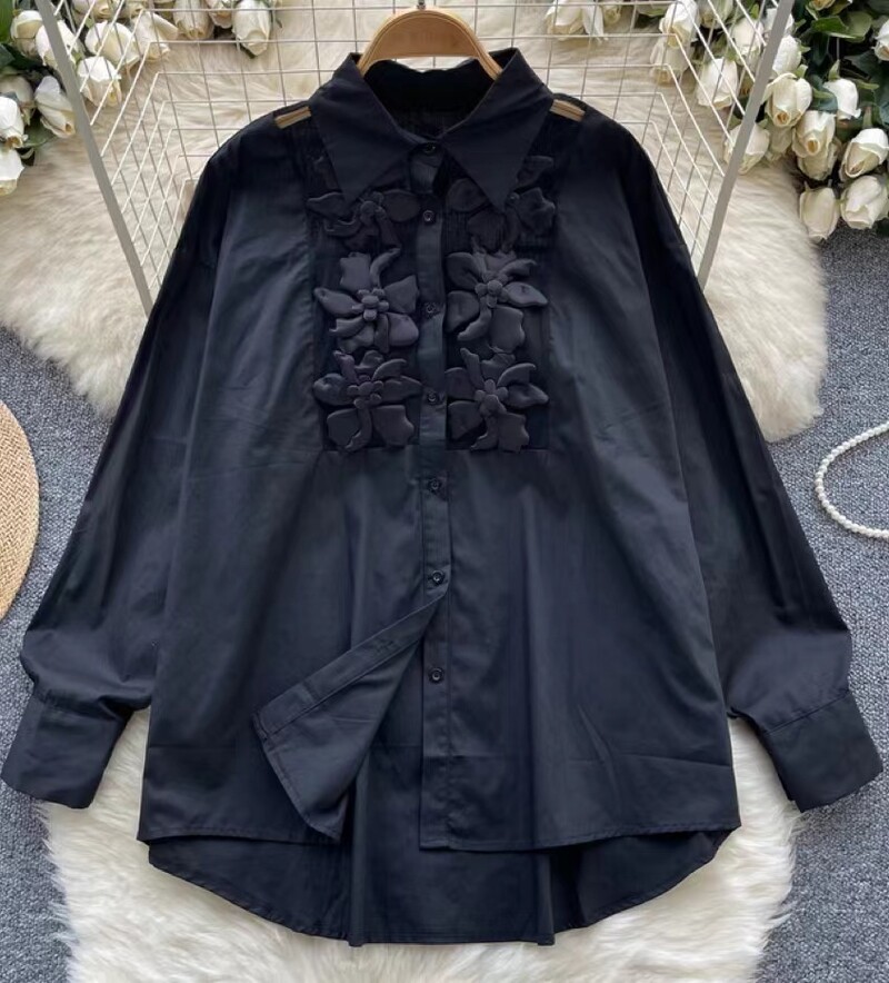 Virágok Stitch Túlméretes pamut középhosszú ingek Blúzok női 2024-es őszi gombokkal felfelé bő felső blusák