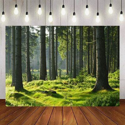Tavaszi zöld erdő téma Születésnapi buli Babazuhany Kaland Kemping szoba Fali fotózás Vinyl háttér Dekorációs kellékek