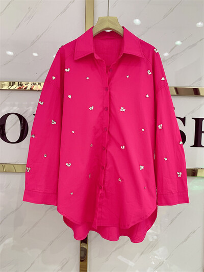 Prabangūs, išskirtiniai deimantais dygsniuoti vidutinio ilgio marškiniai ir palaidinės moterims 2024 m. Nauji laisvalaikio palaidi ilgomis rankovėmis blusai