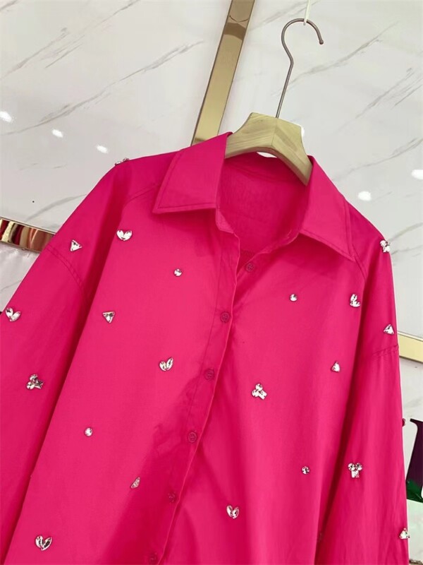 Prabangūs, išskirtiniai deimantais dygsniuoti vidutinio ilgio marškiniai ir palaidinės moterims 2024 m. Nauji laisvalaikio palaidi ilgomis rankovėmis blusai