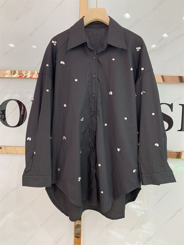 Prabangūs, išskirtiniai deimantais dygsniuoti vidutinio ilgio marškiniai ir palaidinės moterims 2024 m. Nauji laisvalaikio palaidi ilgomis rankovėmis blusai