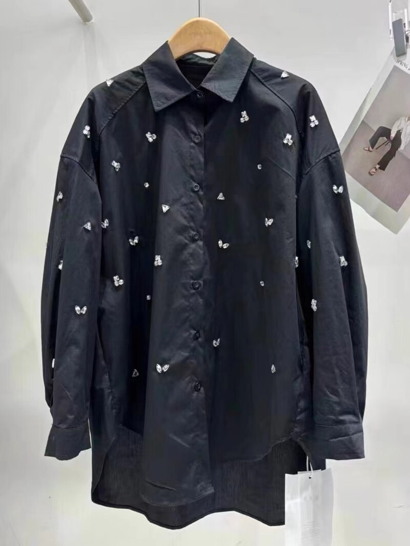 Prabangūs, išskirtiniai deimantais dygsniuoti vidutinio ilgio marškiniai ir palaidinės moterims 2024 m. Nauji laisvalaikio palaidi ilgomis rankovėmis blusai