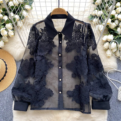 Alapok Lehajtható gallér, hosszú ujjú, vékony, egysoros, elegáns, virágos hímzett hálós felső francia női High Street őszi blúz