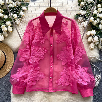 Alapok Lehajtható gallér, hosszú ujjú, vékony, egysoros, elegáns, virágos hímzett hálós felső francia női High Street őszi blúz