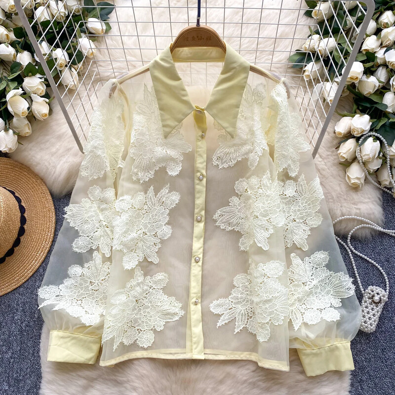 Alapok Lehajtható gallér, hosszú ujjú, vékony, egysoros, elegáns, virágos hímzett hálós felső francia női High Street őszi blúz