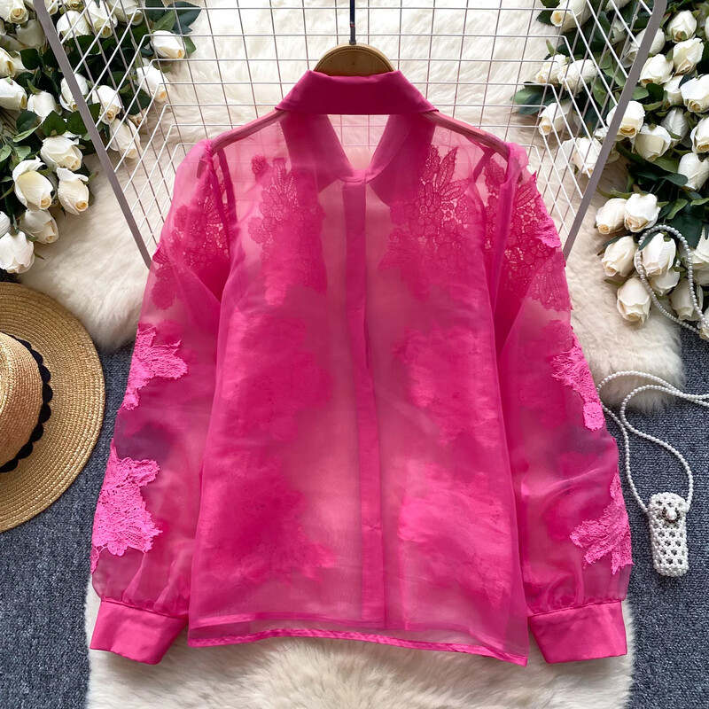 Alapok Lehajtható gallér, hosszú ujjú, vékony, egysoros, elegáns, virágos hímzett hálós felső francia női High Street őszi blúz