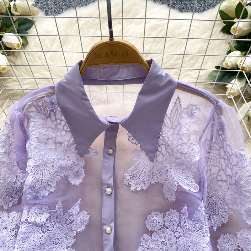 Alapok Lehajtható gallér, hosszú ujjú, vékony, egysoros, elegáns, virágos hímzett hálós felső francia női High Street őszi blúz