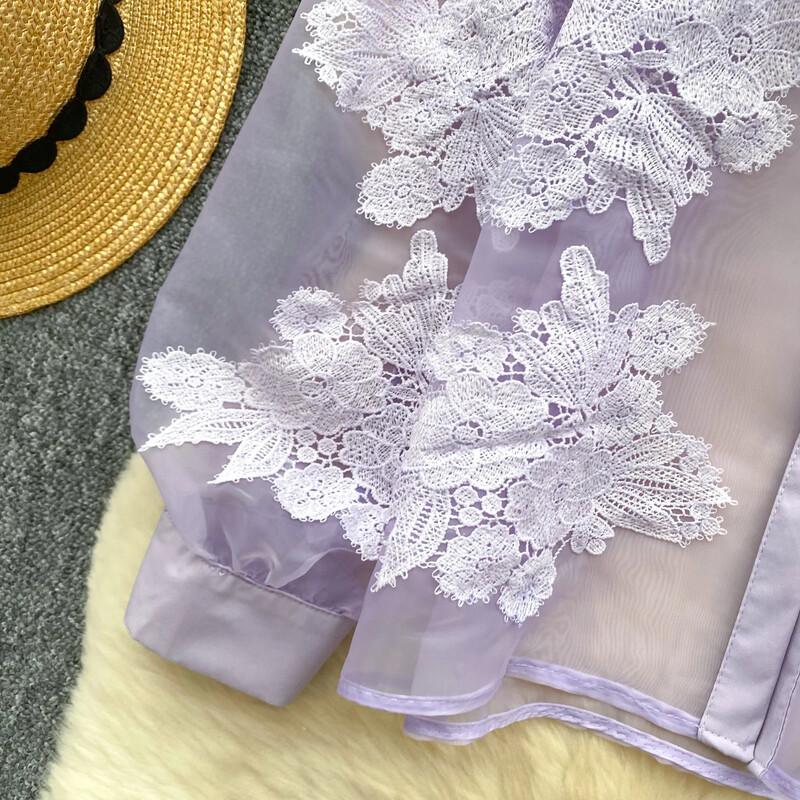 Alapok Lehajtható gallér, hosszú ujjú, vékony, egysoros, elegáns, virágos hímzett hálós felső francia női High Street őszi blúz