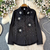 EWQ universalus 3D gėlių deimantų sujungimo dizaino marškinėliai Moteriški madingi apykaklės ilgomis rankovėmis viršutiniai drabužiai 2024 m. Nauji 27X485