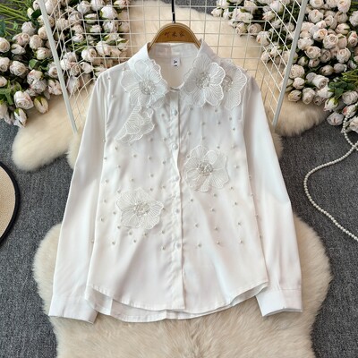 EWQ universalus 3D gėlių deimantų sujungimo dizaino marškinėliai Moteriški madingi apykaklės ilgomis rankovėmis viršutiniai drabužiai 2024 m. Nauji 27X485