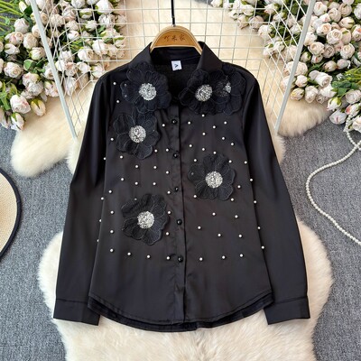 EWQ universalus 3D gėlių deimantų sujungimo dizaino marškinėliai Moteriški madingi apykaklės ilgomis rankovėmis viršutiniai drabužiai 2024 m. Nauji 27X485