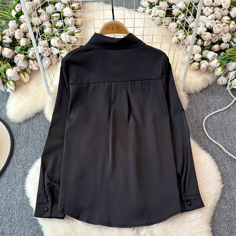 EWQ universalus 3D gėlių deimantų sujungimo dizaino marškinėliai Moteriški madingi apykaklės ilgomis rankovėmis viršutiniai drabužiai 2024 m. Nauji 27X485