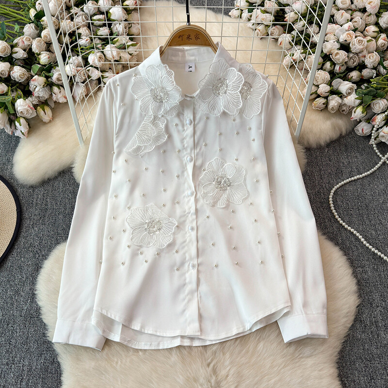 EWQ universalus 3D gėlių deimantų sujungimo dizaino marškinėliai Moteriški madingi apykaklės ilgomis rankovėmis viršutiniai drabužiai 2024 m. Nauji 27X485