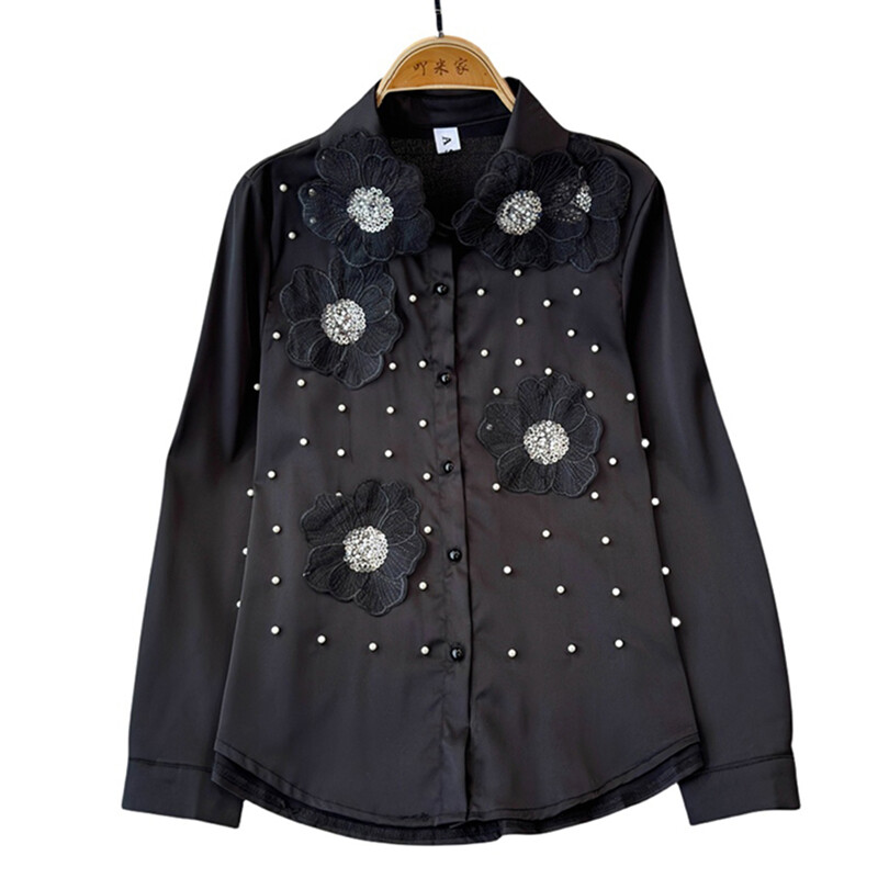 EWQ universalus 3D gėlių deimantų sujungimo dizaino marškinėliai Moteriški madingi apykaklės ilgomis rankovėmis viršutiniai drabužiai 2024 m. Nauji 27X485