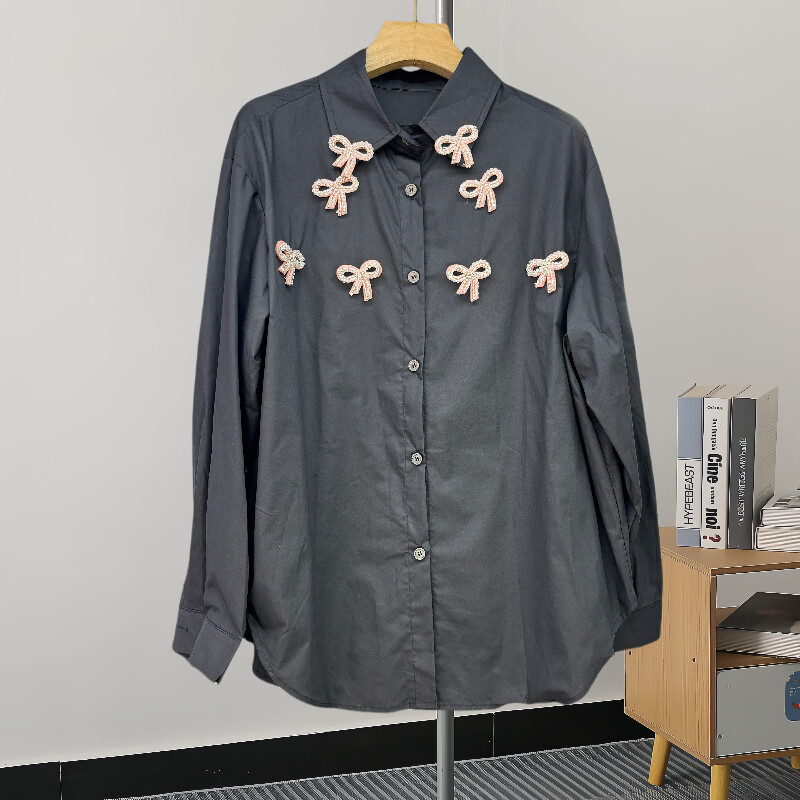 EWQ Fashion 3d csokornyakkendő ing női hajtóka gallér Alkalmi hosszú ujjú, egysoros felsők Utcai ruházat 2024 Új ruházat 27C757