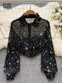 SINGREINY flitteres hajtókás ing női elegáns bő hosszú ujjú átlátszó divat 2024 női francia alkalmi fényes blúz