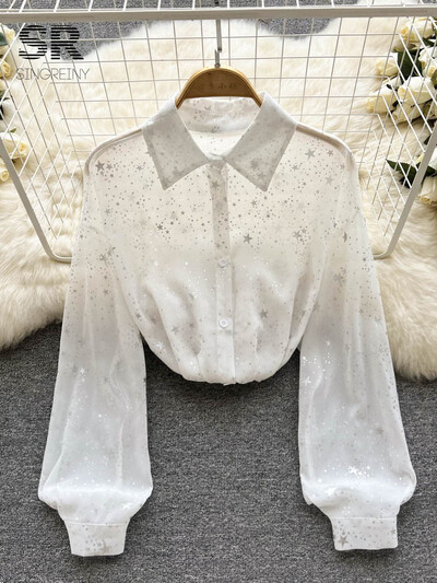 SINGREINY flitteres hajtókás ing női elegáns bő hosszú ujjú átlátszó divat 2024 női francia alkalmi fényes blúz