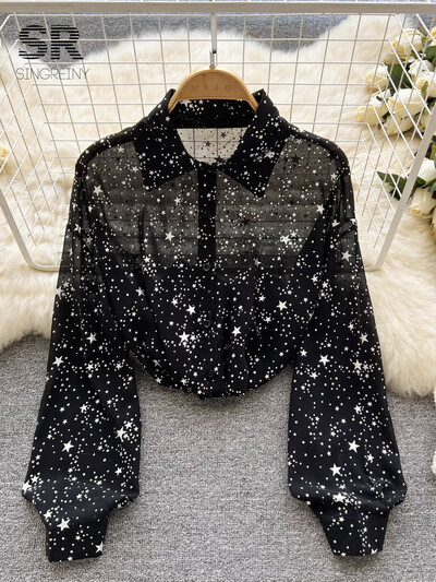 SINGREINY flitteres hajtókás ing női elegáns bő hosszú ujjú átlátszó divat 2024 női francia alkalmi fényes blúz