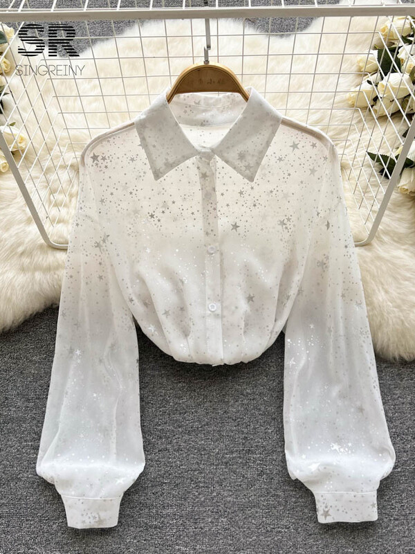 SINGREINY flitteres hajtókás ing női elegáns bő hosszú ujjú átlátszó divat 2024 női francia alkalmi fényes blúz