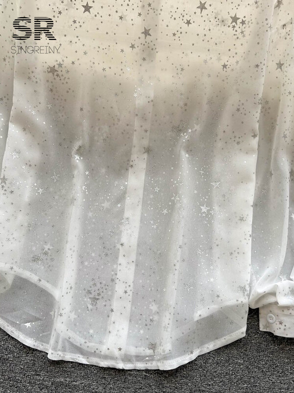 SINGREINY flitteres hajtókás ing női elegáns bő hosszú ujjú átlátszó divat 2024 női francia alkalmi fényes blúz