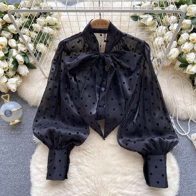 Őszi Női Vintage Fesztivál Pöttyös egysoros ing Elegáns édes masni, hosszú ujjú, bő irodai női blúzok felsők