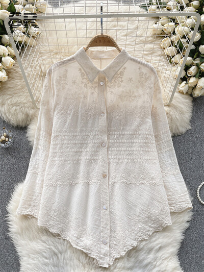 SINGREINY hímzés koreai alkalmi bő ing női elegáns hosszú ujjú tavaszi nyári női divat 2024 vakációs blúz