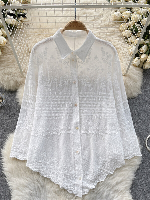 SINGREINY hímzés koreai alkalmi bő ing női elegáns hosszú ujjú tavaszi nyári női divat 2024 vakációs blúz