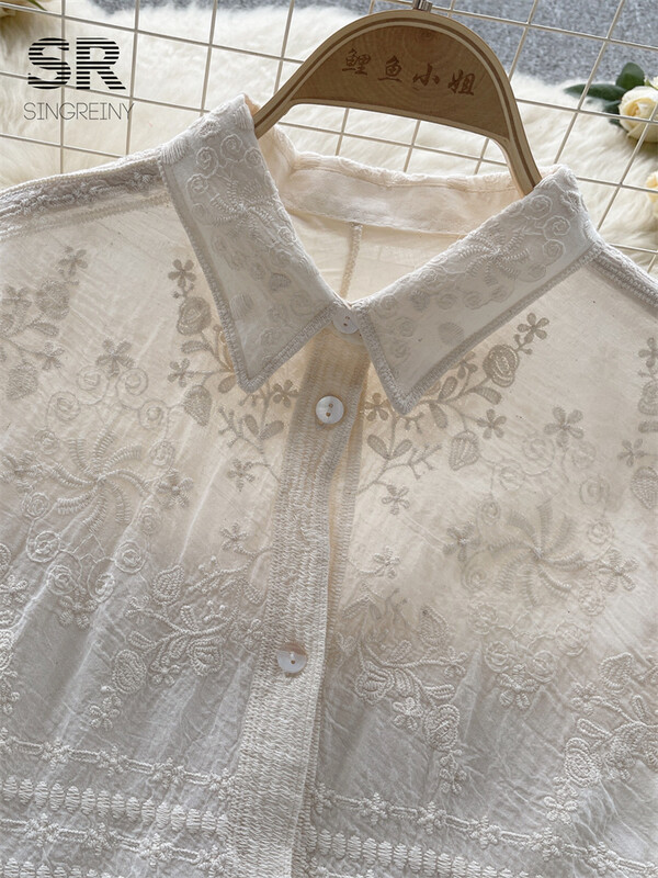 SINGREINY hímzés koreai alkalmi bő ing női elegáns hosszú ujjú tavaszi nyári női divat 2024 vakációs blúz