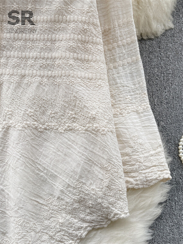 SINGREINY hímzés koreai alkalmi bő ing női elegáns hosszú ujjú tavaszi nyári női divat 2024 vakációs blúz