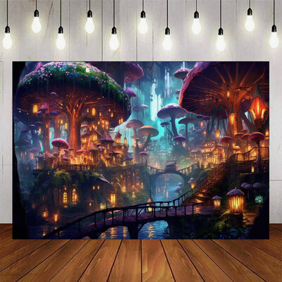 Μυστηριώδες μαγικό παραμύθι Δάσος με φόντο Ατμόσφαιρα Θέμα Μανιτάρι Διάταξη σκηνής για πάρτι γενεθλίων