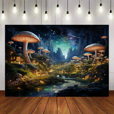 Μυστηριώδες μαγικό παραμύθι Δάσος με φόντο Ατμόσφαιρα Θέμα Μανιτάρι Διάταξη σκηνής για πάρτι γενεθλίων
