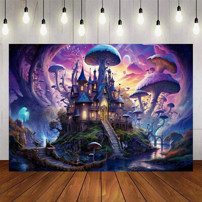 Μυστηριώδες μαγικό παραμύθι Δάσος με φόντο Ατμόσφαιρα Θέμα Μανιτάρι Διάταξη σκηνής για πάρτι γενεθλίων