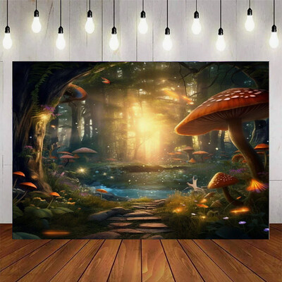 Μυστηριώδες μαγικό παραμύθι Δάσος με φόντο Ατμόσφαιρα Θέμα Μανιτάρι Διάταξη σκηνής για πάρτι γενεθλίων