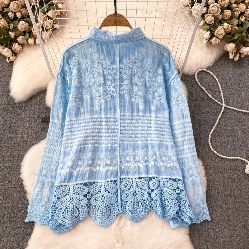 Francia elegáns női blúz, hímzés, lehajtható gallér hajtóka Egyetlen csipke patchwork hosszú ujjú ingek Őszi felsők Dropshipping