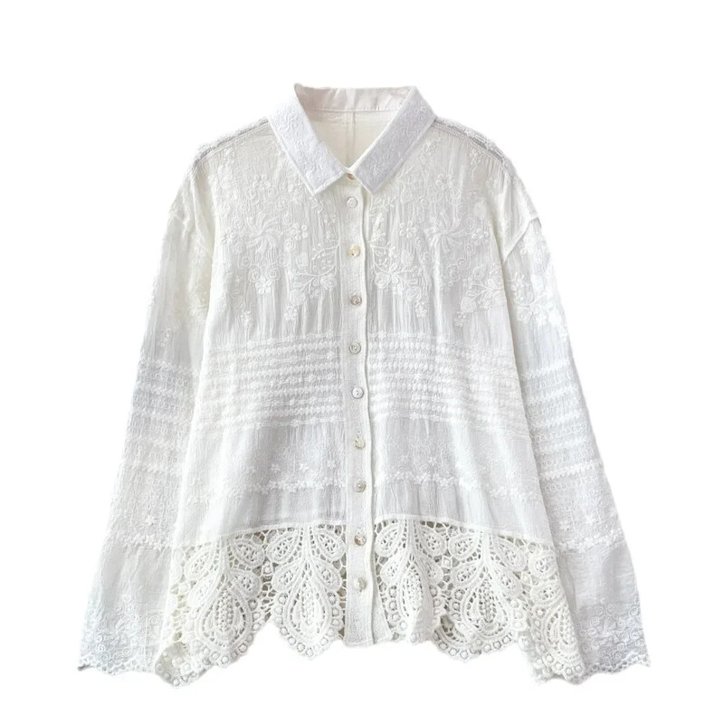 Francia elegáns női blúz, hímzés, lehajtható gallér hajtóka Egyetlen csipke patchwork hosszú ujjú ingek Őszi felsők Dropshipping