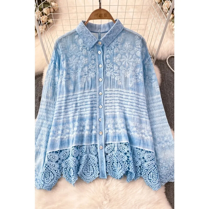 Francia elegáns női blúz, hímzés, lehajtható gallér hajtóka Egyetlen csipke patchwork hosszú ujjú ingek Őszi felsők Dropshipping