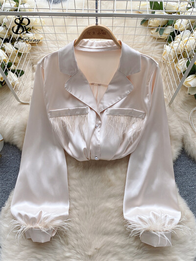 SINGREINY Senior szatén ing női hajtóka gallér gyöngyök gombok lámpás ujjak divat High Street iroda női tömör blúz