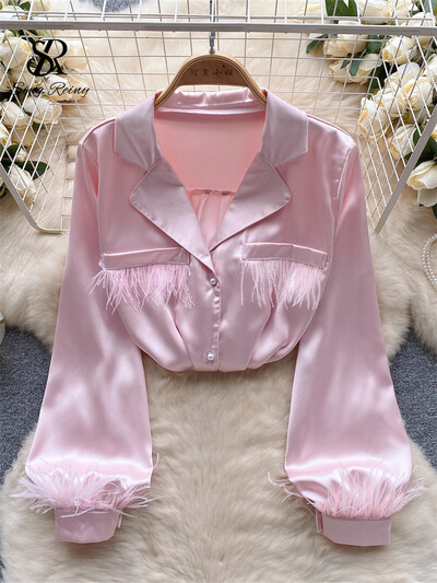 SINGREINY Senior szatén ing női hajtóka gallér gyöngyök gombok lámpás ujjak divat High Street iroda női tömör blúz