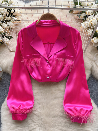 SINGREINY Senior szatén ing női hajtóka gallér gyöngyök gombok lámpás ujjak divat High Street iroda női tömör blúz