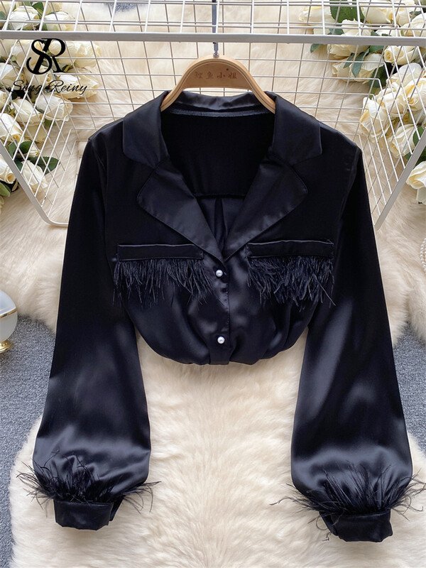 SINGREINY Senior szatén ing női hajtóka gallér gyöngyök gombok lámpás ujjak divat High Street iroda női tömör blúz