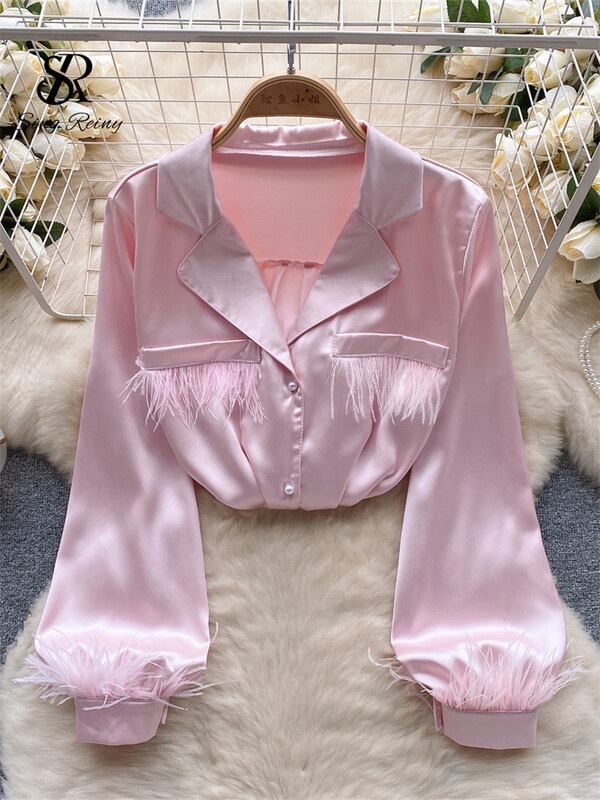 SINGREINY Senior szatén ing női hajtóka gallér gyöngyök gombok lámpás ujjak divat High Street iroda női tömör blúz