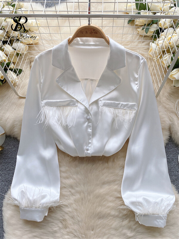 SINGREINY Senior szatén ing női hajtóka gallér gyöngyök gombok lámpás ujjak divat High Street iroda női tömör blúz