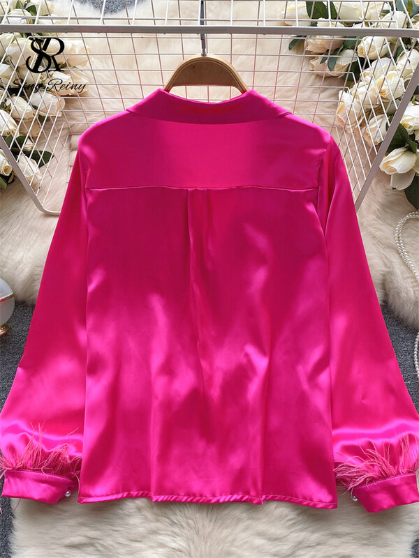 SINGREINY Senior szatén ing női hajtóka gallér gyöngyök gombok lámpás ujjak divat High Street iroda női tömör blúz