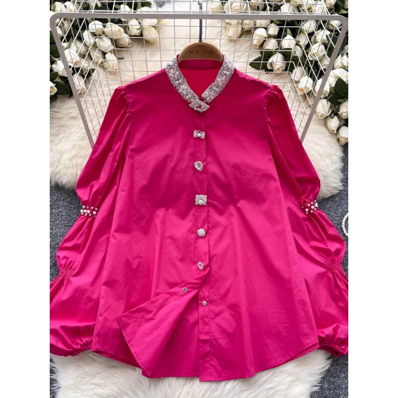 Chic, gât în picioare, epocă, cu un singur piept, mânecă lungă, top elegant cu strasuri, îmbrăcăminte de stradă, moda franceză, bluză de toamnă