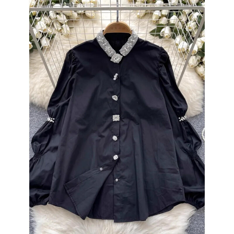 Chic, gât în picioare, epocă, cu un singur piept, mânecă lungă, top elegant cu strasuri, îmbrăcăminte de stradă, moda franceză, bluză de toamnă