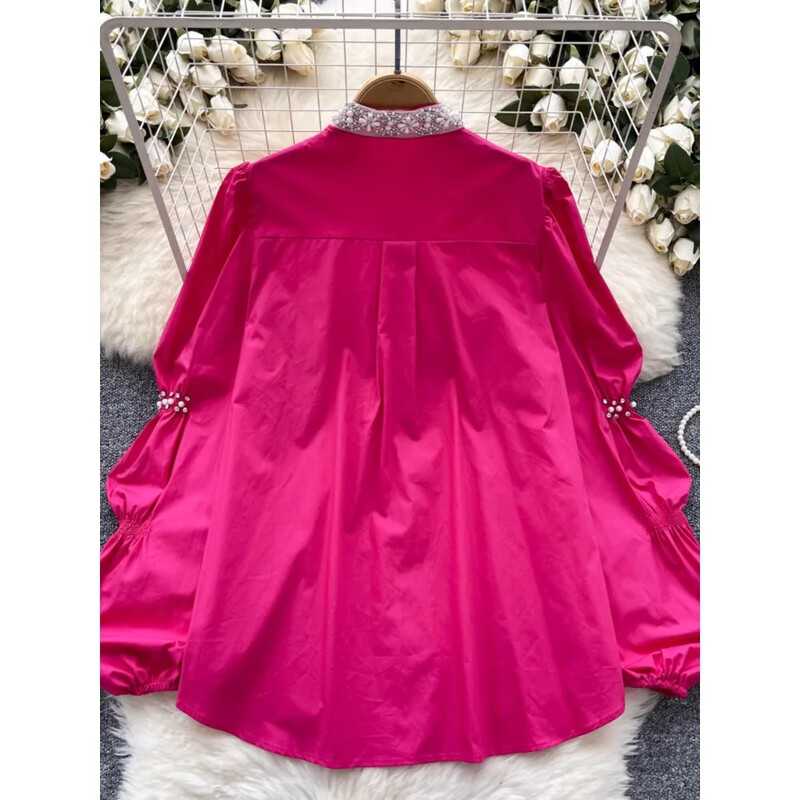 Chic, gât în picioare, epocă, cu un singur piept, mânecă lungă, top elegant cu strasuri, îmbrăcăminte de stradă, moda franceză, bluză de toamnă