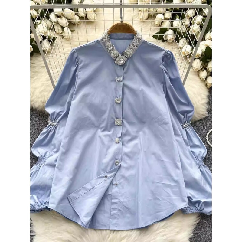 Chic, gât în picioare, epocă, cu un singur piept, mânecă lungă, top elegant cu strasuri, îmbrăcăminte de stradă, moda franceză, bluză de toamnă