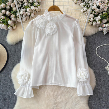 EWQ Simplicity 3D Flower Spliced Blouse for Women Ежедневна яка със стойка Свободна кройка Едноцветни топове Дрехи 2024 г. Нови 27X474