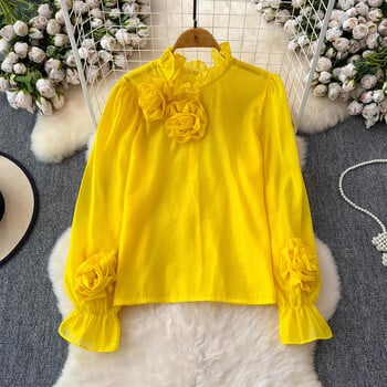 EWQ Simplicity 3D Flower Spliced Blouse for Women Ежедневна яка със стойка Свободна кройка Едноцветни топове Дрехи 2024 г. Нови 27X474